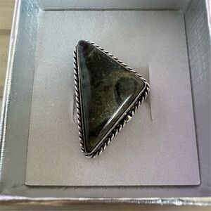 💕 Handmade Triangular Kambamba Jasper stamped 925 silver plated Ring adjustable